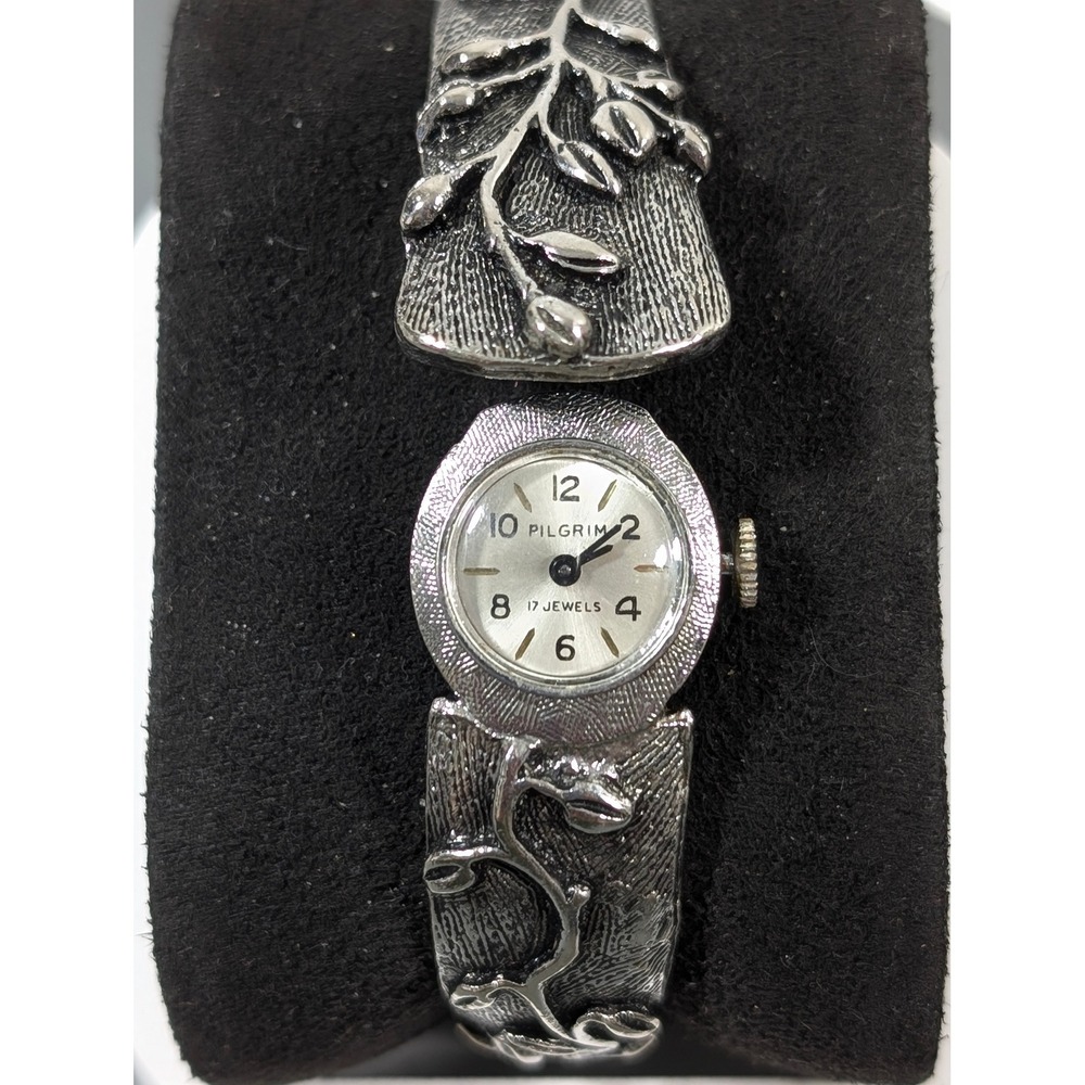 Vintage‎ Pilgrim 17 Jewel Swiss Watch Hidden Face Vine Leaf Bracelet Working